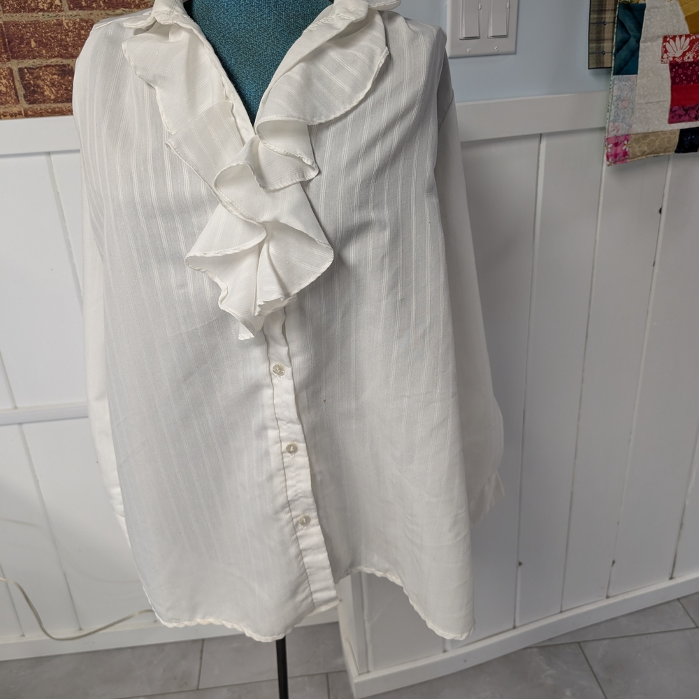 Take Nine Vintage White Striped Maternity Ruffled Bib Collar Blouse